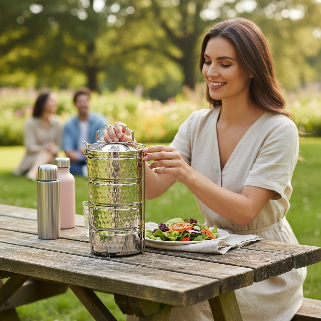 4 Tier Stainless Steel Lunch Box Tiffin Carrier Set - حافظة طعام ستيل أربع طبفات جودة عالية