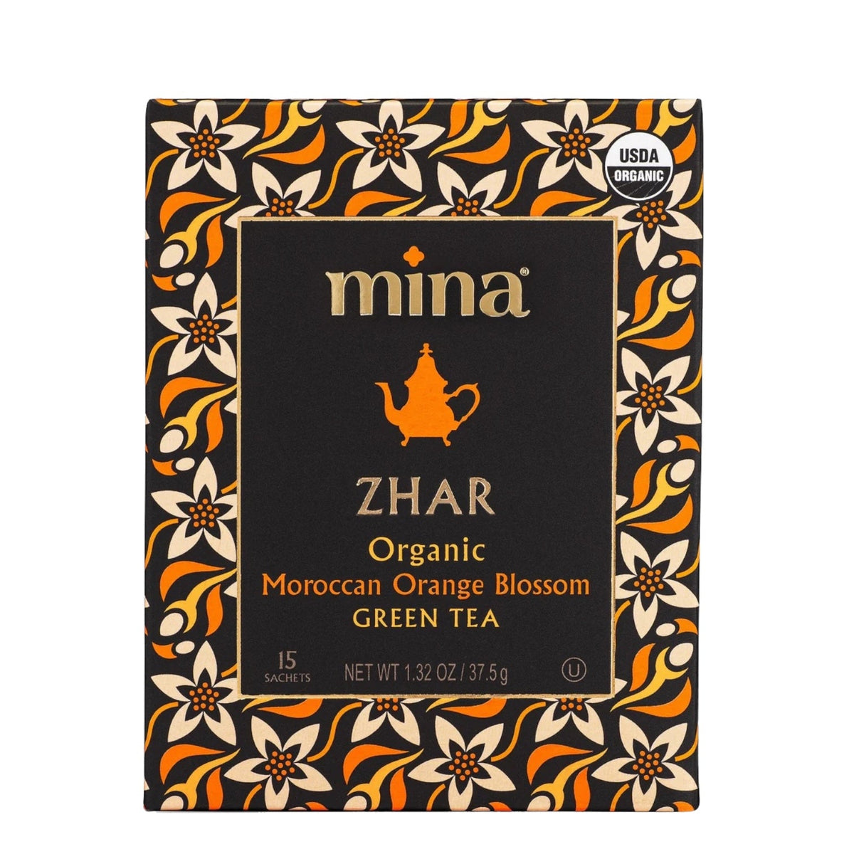 MINA, ZHAR , ORGANIC, MOROCCAN ORANGE BLOSSOM GREEN TEA, 15 SACHETS