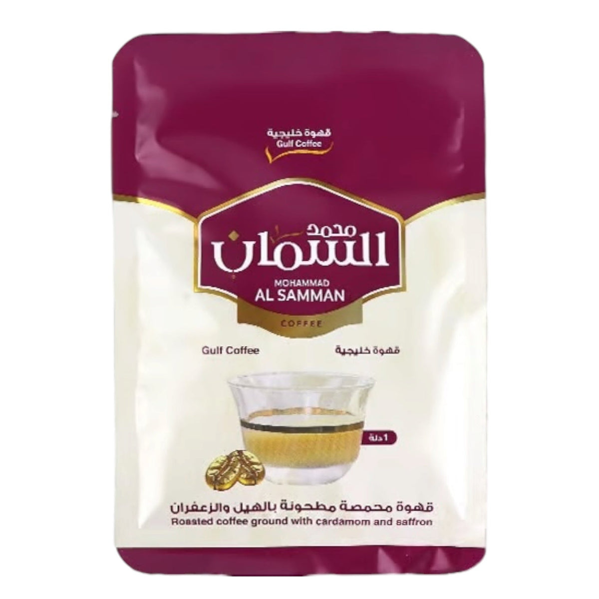 MOHAMMAD AL SAMMAN COFFEE , GULF COFFEE, 1 SCCHETS , ROASTED COFFEE GROUND WITH CARDMOM AND SAFFRON